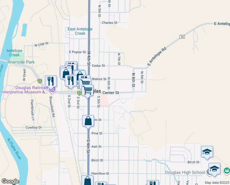 map of restaurants, bars, coffee shops, grocery stores, and more near Center Street in Douglas
