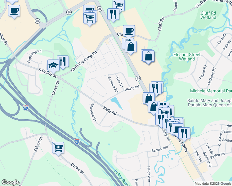 map of restaurants, bars, coffee shops, grocery stores, and more near 65 Hagop Road in Salem