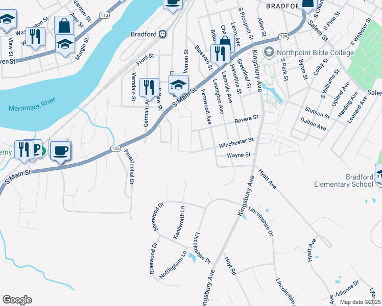 map of restaurants, bars, coffee shops, grocery stores, and more near 98 Winchester Street in Haverhill