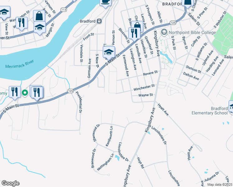 map of restaurants, bars, coffee shops, grocery stores, and more near 90 Winchester Street in Haverhill