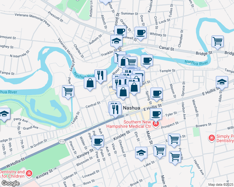 map of restaurants, bars, coffee shops, grocery stores, and more near 26 Cedar Street in Nashua