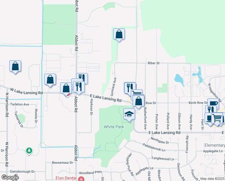 map of restaurants, bars, coffee shops, grocery stores, and more near 6122 Gossard Avenue in East Lansing