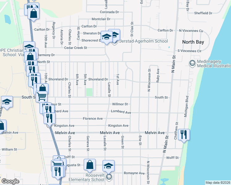 map of restaurants, bars, coffee shops, grocery stores, and more near 801 South Street in Racine