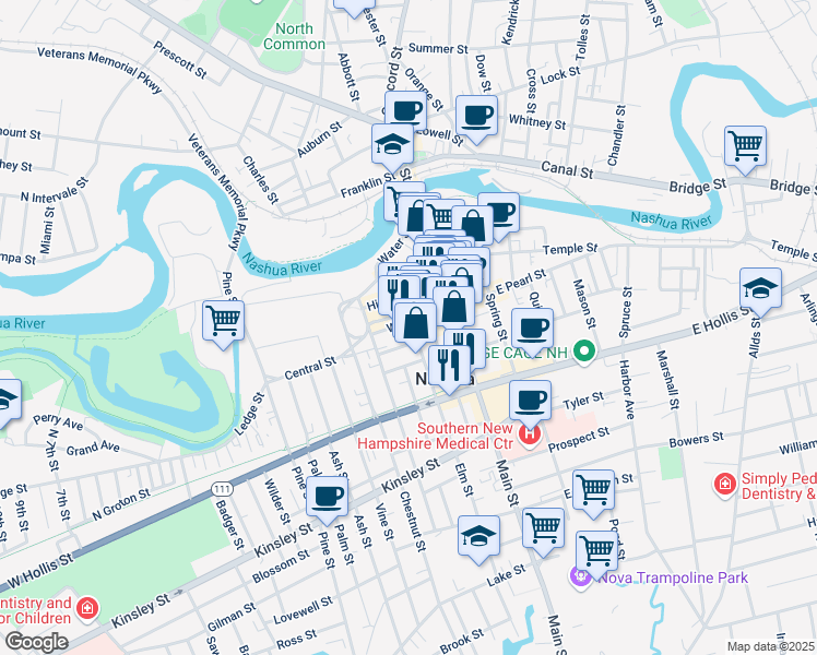 map of restaurants, bars, coffee shops, grocery stores, and more near 112 West Pearl Street in Nashua