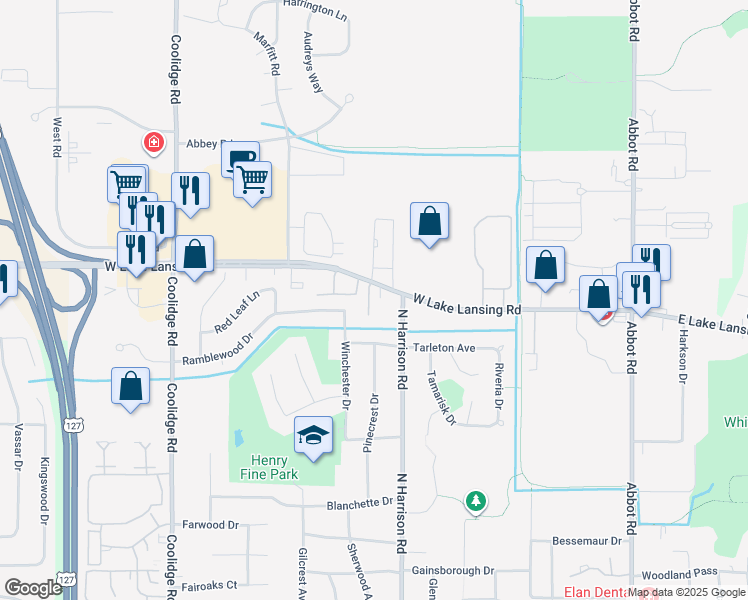 map of restaurants, bars, coffee shops, grocery stores, and more near 2180 Regency Drive in East Lansing