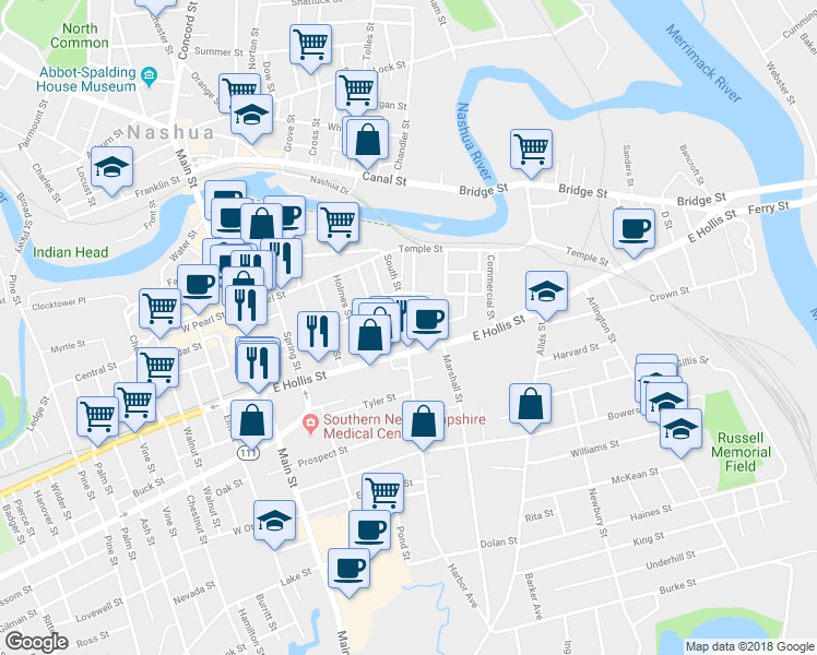 map of restaurants, bars, coffee shops, grocery stores, and more near 15 Spruce Street in Nashua