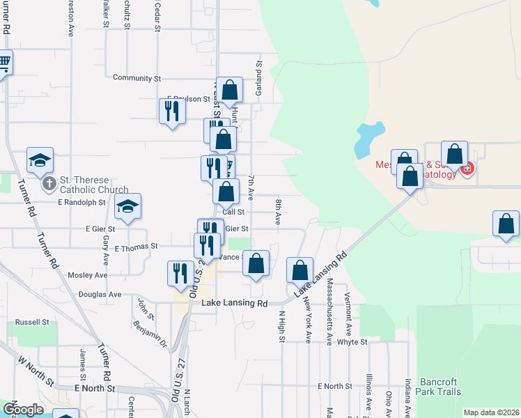map of restaurants, bars, coffee shops, grocery stores, and more near 809 East Gier Street in Lansing