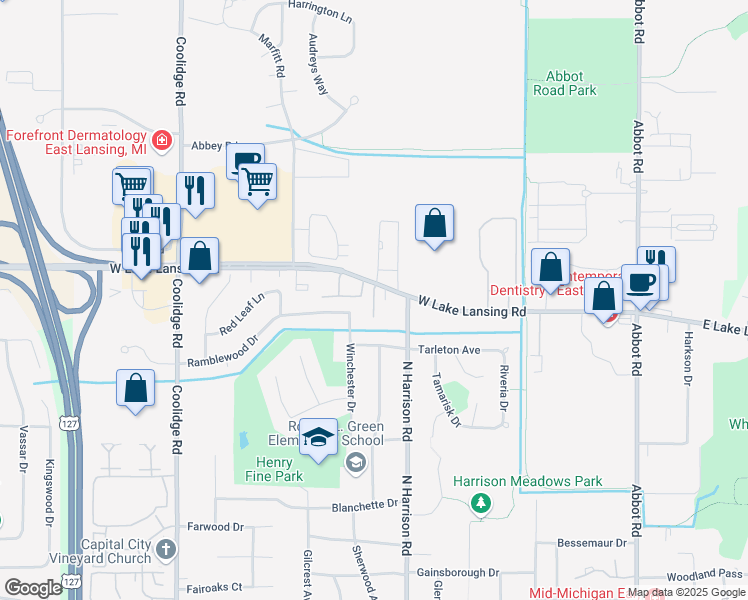 map of restaurants, bars, coffee shops, grocery stores, and more near Regency Drive in East Lansing