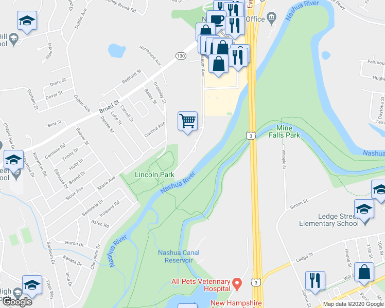 map of restaurants, bars, coffee shops, grocery stores, and more near 110 Coliseum Avenue in Nashua