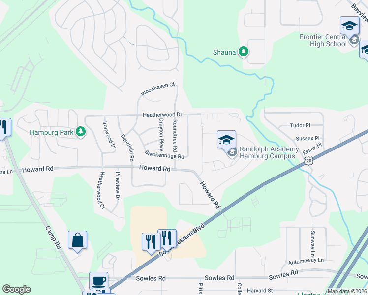 map of restaurants, bars, coffee shops, grocery stores, and more near 3687 Breckenridge Road in Hamburg