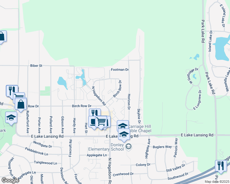map of restaurants, bars, coffee shops, grocery stores, and more near 6222 Brookline Court in East Lansing