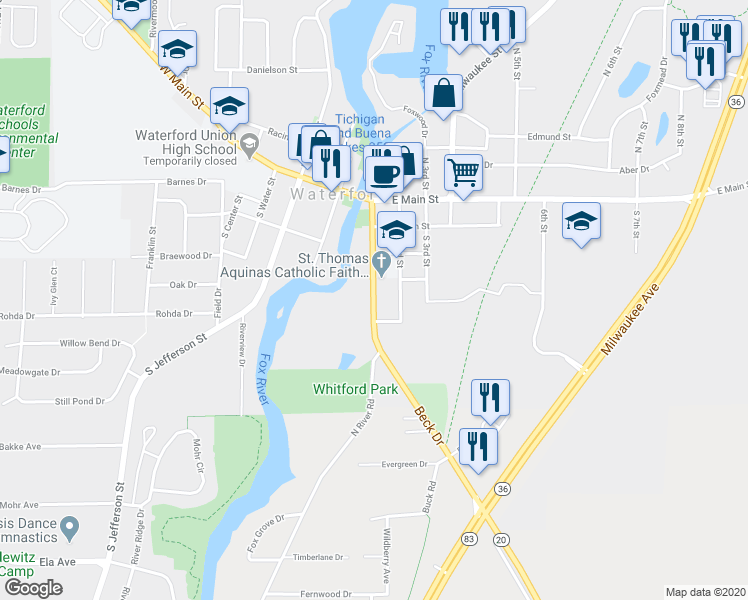 map of restaurants, bars, coffee shops, grocery stores, and more near South 1st Street in Waterford