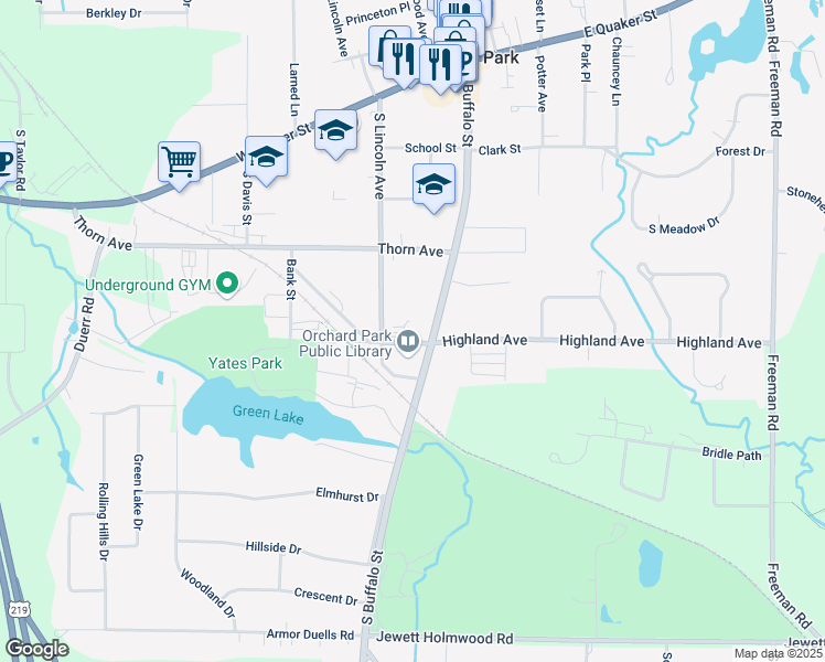 map of restaurants, bars, coffee shops, grocery stores, and more near 4536 South Buffalo Street in Orchard Park