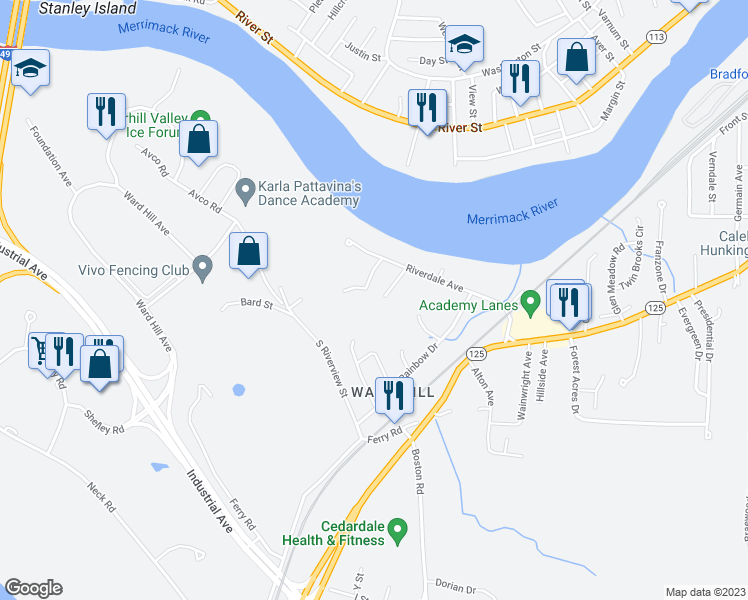 map of restaurants, bars, coffee shops, grocery stores, and more near 23 Riverbank Circle in Haverhill