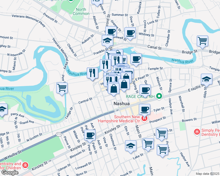 map of restaurants, bars, coffee shops, grocery stores, and more near 45 High Street in Nashua