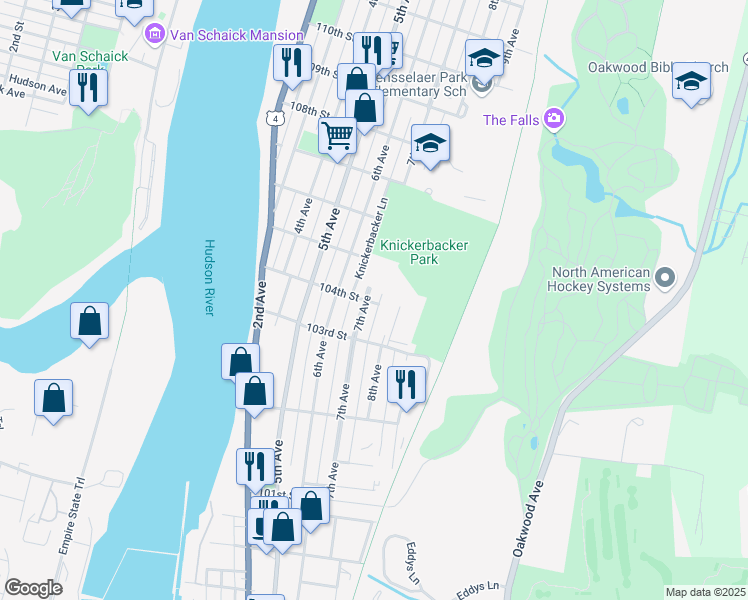 map of restaurants, bars, coffee shops, grocery stores, and more near 212 7th Avenue in Troy