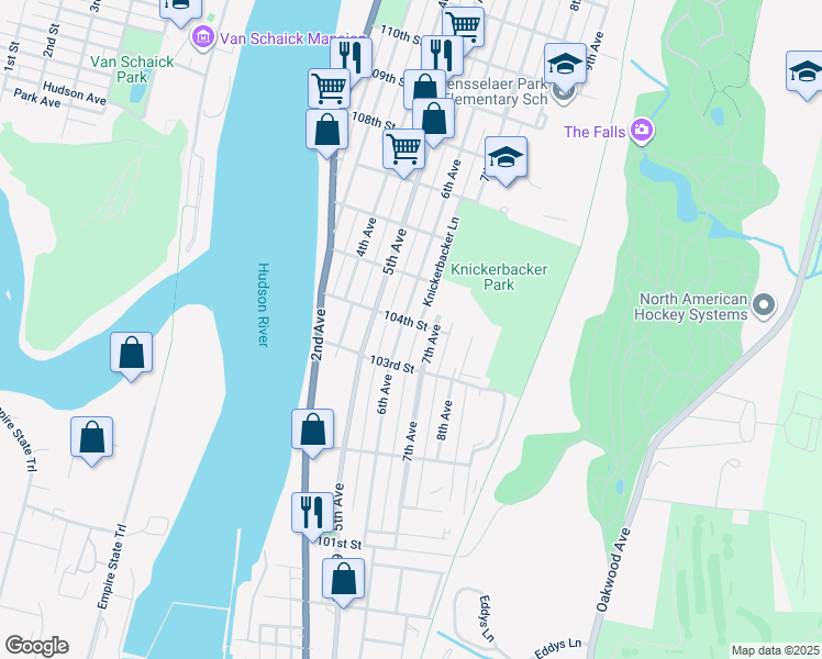 map of restaurants, bars, coffee shops, grocery stores, and more near 225 6th Avenue in Troy