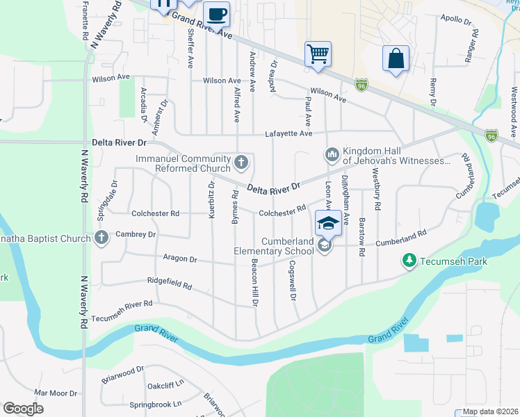 map of restaurants, bars, coffee shops, grocery stores, and more near 3133 Delta River Drive in Lansing