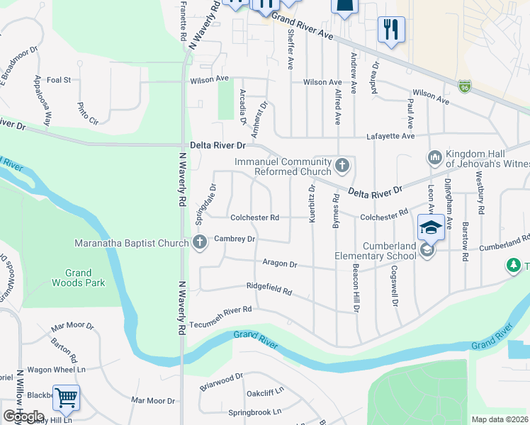 map of restaurants, bars, coffee shops, grocery stores, and more near 2600 Meadowlane Drive in Lansing