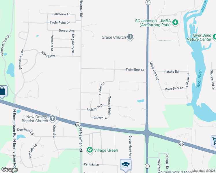 map of restaurants, bars, coffee shops, grocery stores, and more near 5120 Linden Lane in Racine