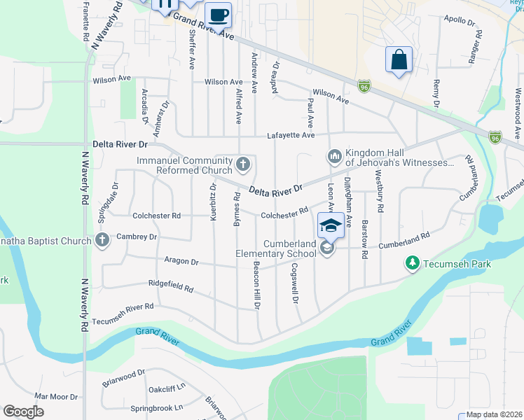 map of restaurants, bars, coffee shops, grocery stores, and more near 3133 Delta River Drive in Lansing