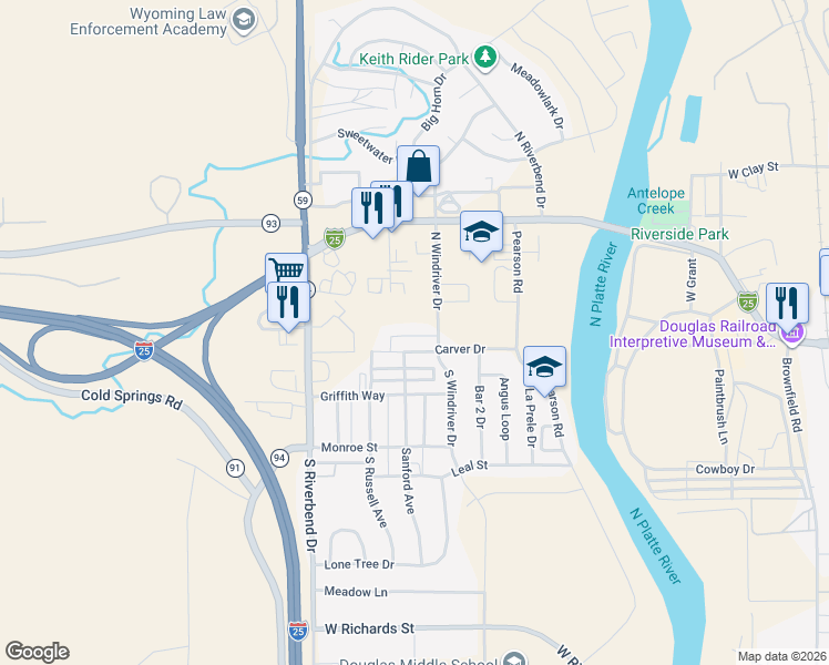 map of restaurants, bars, coffee shops, grocery stores, and more near 114 North Windriver Drive in Douglas