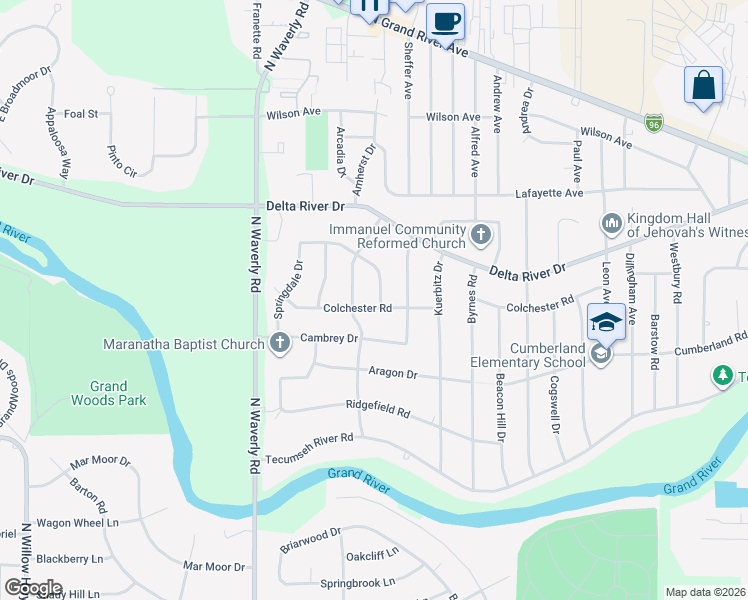 map of restaurants, bars, coffee shops, grocery stores, and more near 2600 Wyckham Drive in Lansing