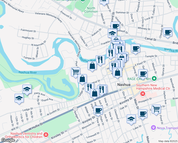 map of restaurants, bars, coffee shops, grocery stores, and more near 1 Clocktower Place in Nashua