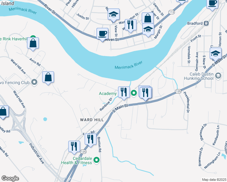 map of restaurants, bars, coffee shops, grocery stores, and more near 37 Riverdale Avenue in Haverhill