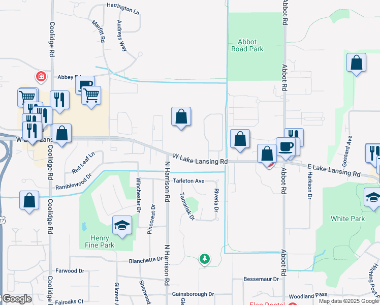 map of restaurants, bars, coffee shops, grocery stores, and more near 702 West Lake Lansing Road in East Lansing