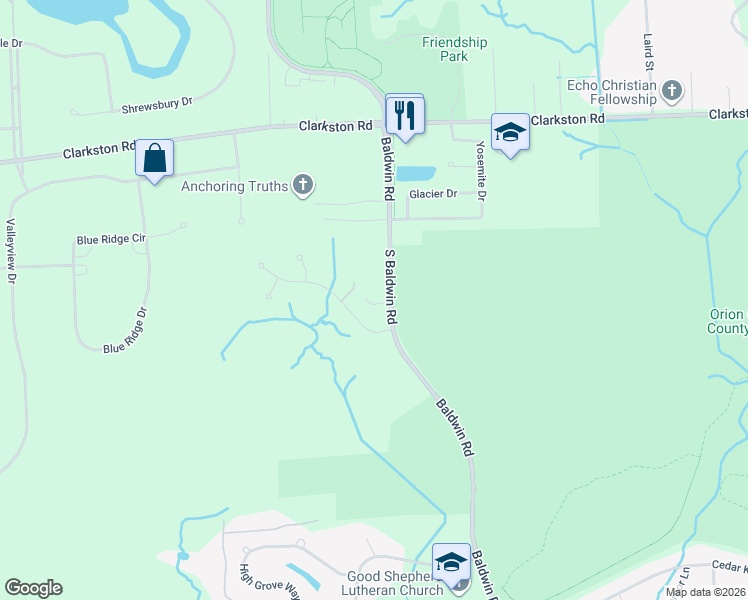 map of restaurants, bars, coffee shops, grocery stores, and more near 1220 South Baldwin Road in Orion charter Township