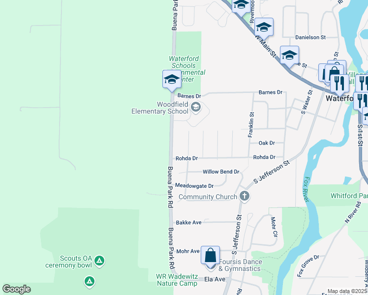 map of restaurants, bars, coffee shops, grocery stores, and more near 403 Buena Park Road in Burlington
