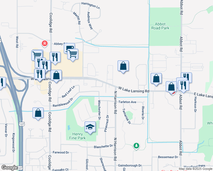 map of restaurants, bars, coffee shops, grocery stores, and more near 2196 Regency Drive in East Lansing