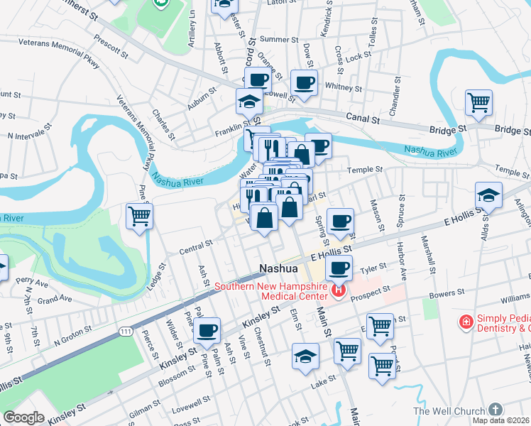 map of restaurants, bars, coffee shops, grocery stores, and more near 16 High Street in Nashua