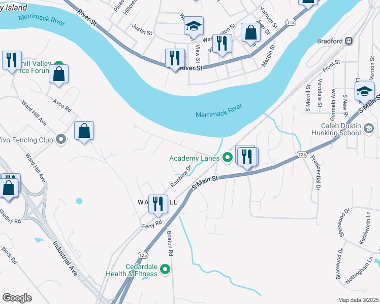 map of restaurants, bars, coffee shops, grocery stores, and more near 37 Riverdale Avenue in Haverhill