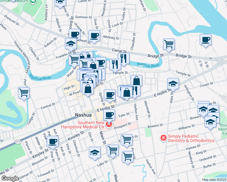 map of restaurants, bars, coffee shops, grocery stores, and more near 6 Quincy Street in Nashua