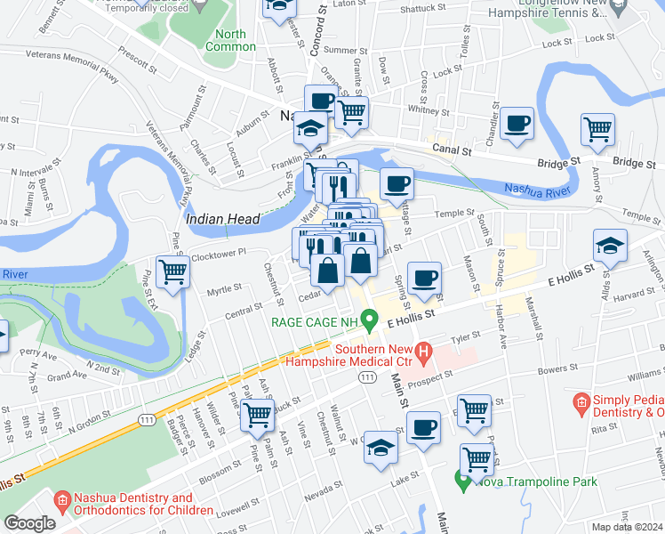 map of restaurants, bars, coffee shops, grocery stores, and more near 16 High Street in Nashua
