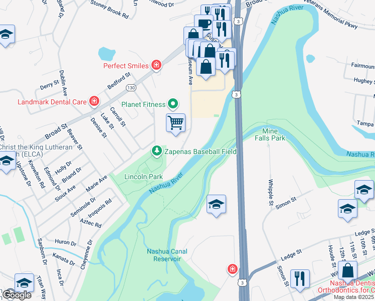 map of restaurants, bars, coffee shops, grocery stores, and more near 110 Coliseum Avenue in Nashua