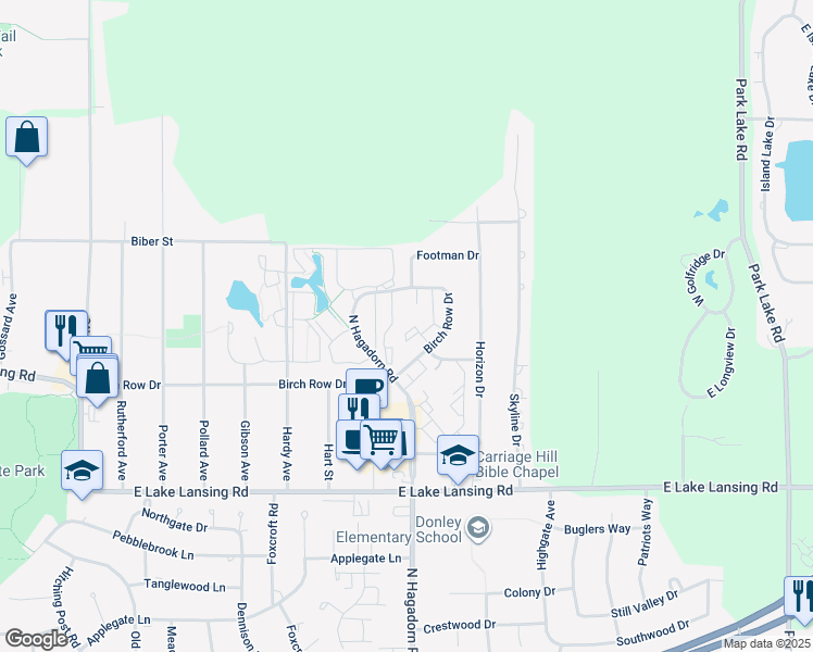 map of restaurants, bars, coffee shops, grocery stores, and more near 6222 Brookline Court in East Lansing