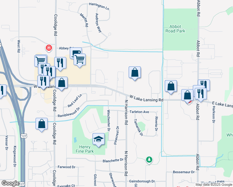 map of restaurants, bars, coffee shops, grocery stores, and more near 808 West Lake Lansing Road in East Lansing