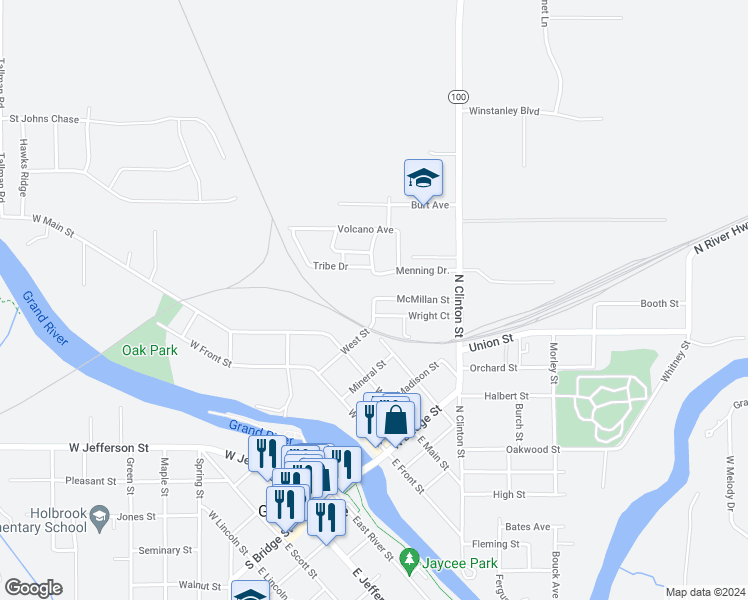 map of restaurants, bars, coffee shops, grocery stores, and more near 600 West Street in Grand Ledge