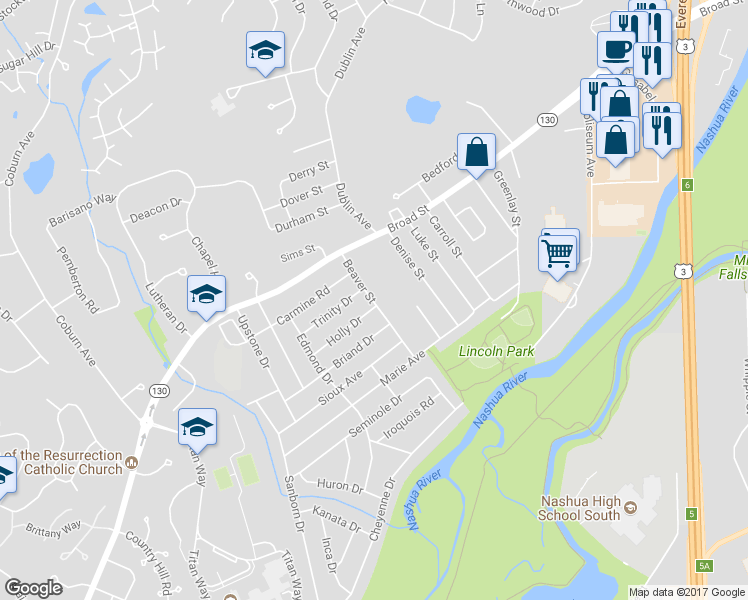 map of restaurants, bars, coffee shops, grocery stores, and more near 23 Beaver Street in Nashua