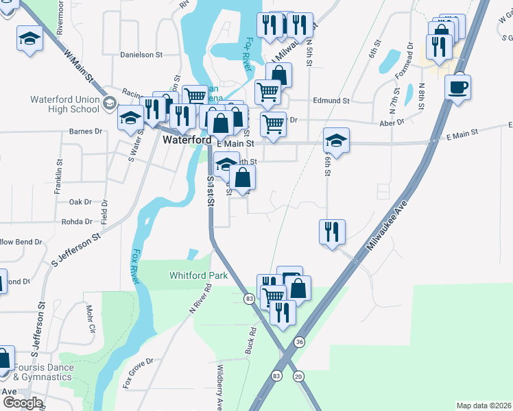 map of restaurants, bars, coffee shops, grocery stores, and more near 401 South 3rd Street in Waterford