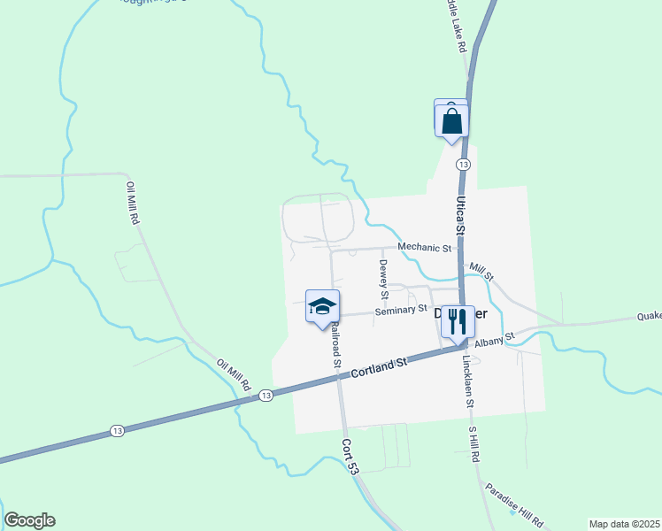 map of restaurants, bars, coffee shops, grocery stores, and more near 711 Railroad Street in DeRuyter