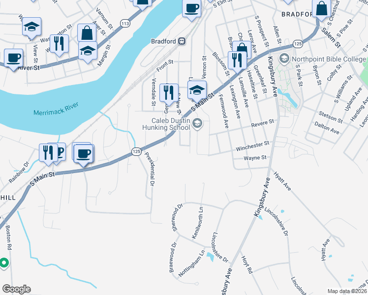 map of restaurants, bars, coffee shops, grocery stores, and more near 37 Kensington Avenue in Haverhill