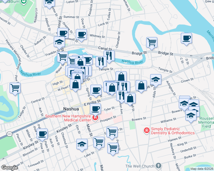 map of restaurants, bars, coffee shops, grocery stores, and more near 9 Mason Street in Nashua
