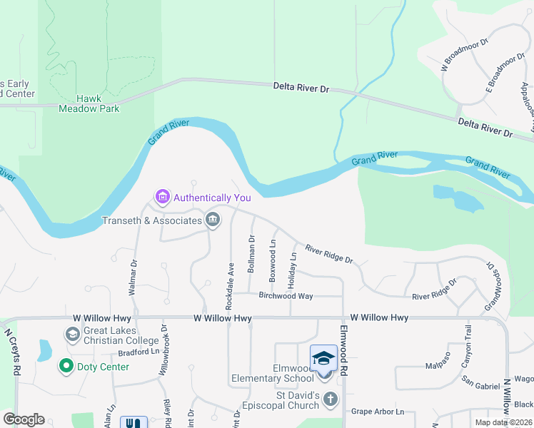 map of restaurants, bars, coffee shops, grocery stores, and more near 5448 River Ridge Drive in Lansing