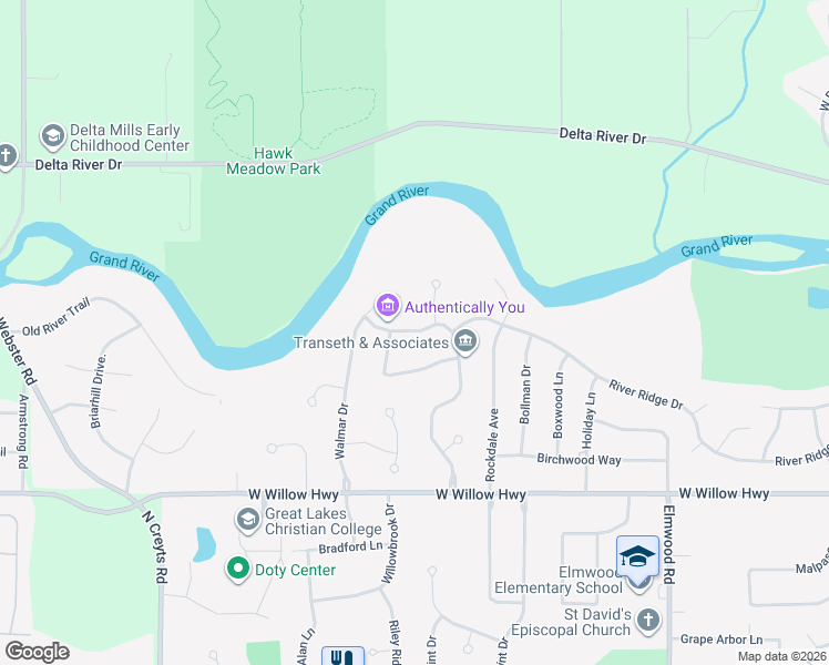 map of restaurants, bars, coffee shops, grocery stores, and more near 5816 River Ridge Drive in Lansing