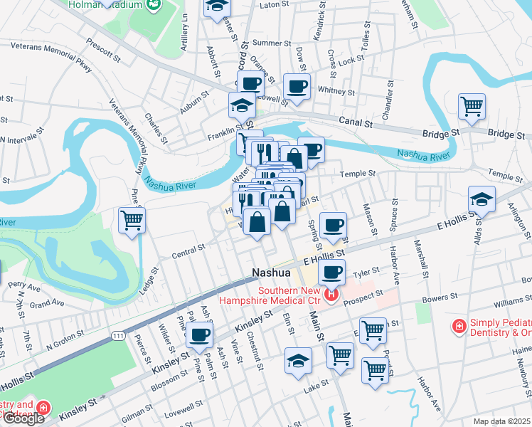 map of restaurants, bars, coffee shops, grocery stores, and more near 16 High Street in Nashua