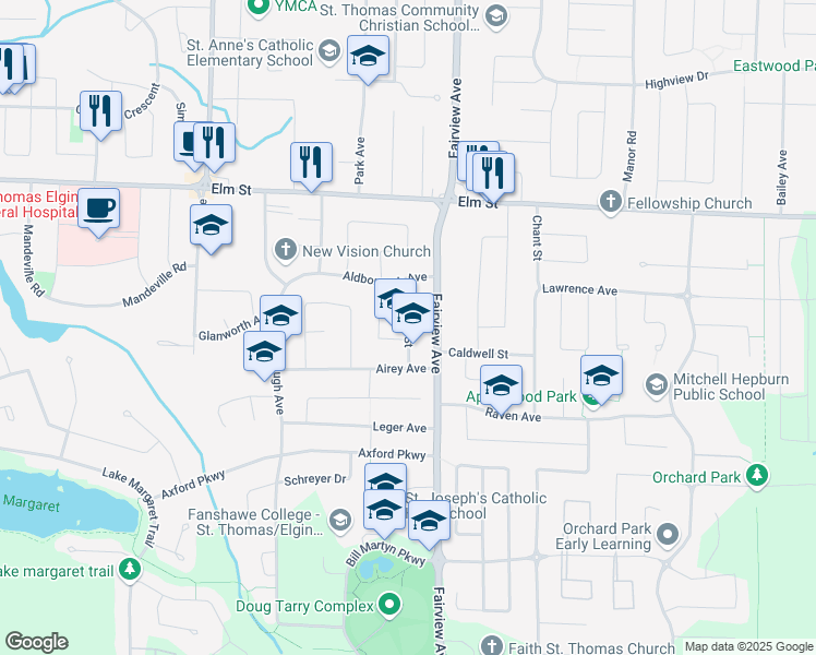 map of restaurants, bars, coffee shops, grocery stores, and more near Parish Street in St. Thomas